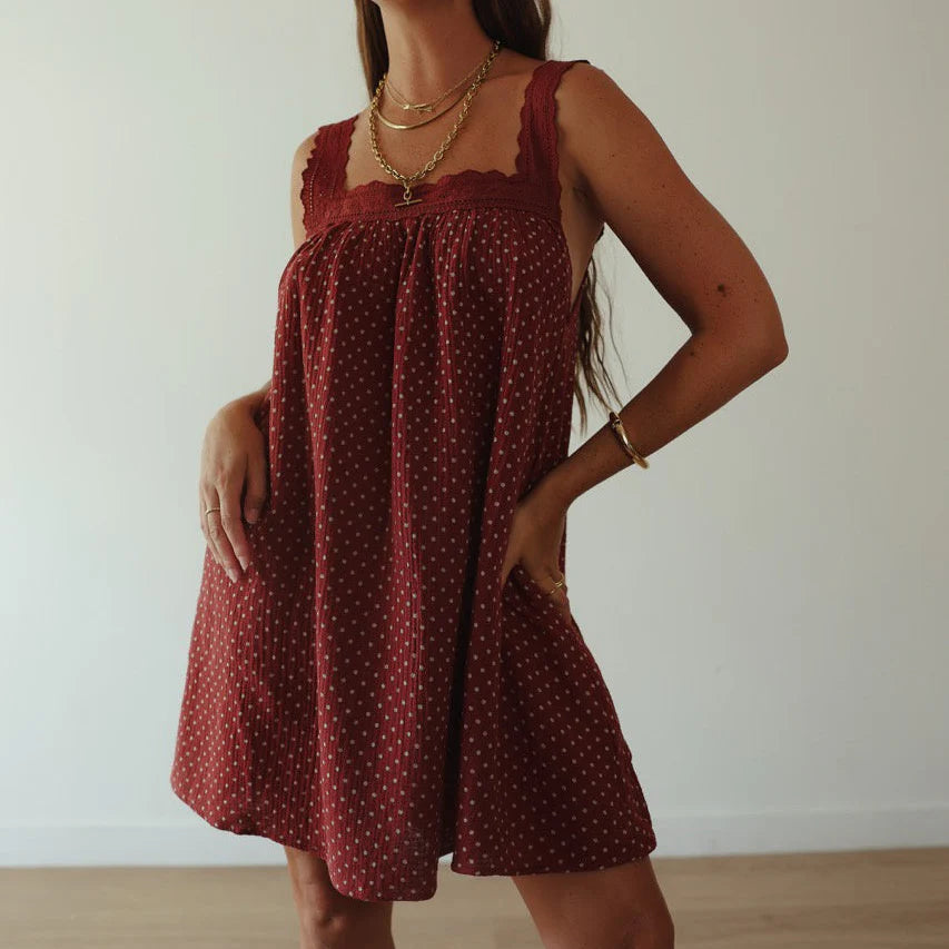 Ladies Juno Lace Neck Mini Dress - Choc | Baby Blue Polka Dot