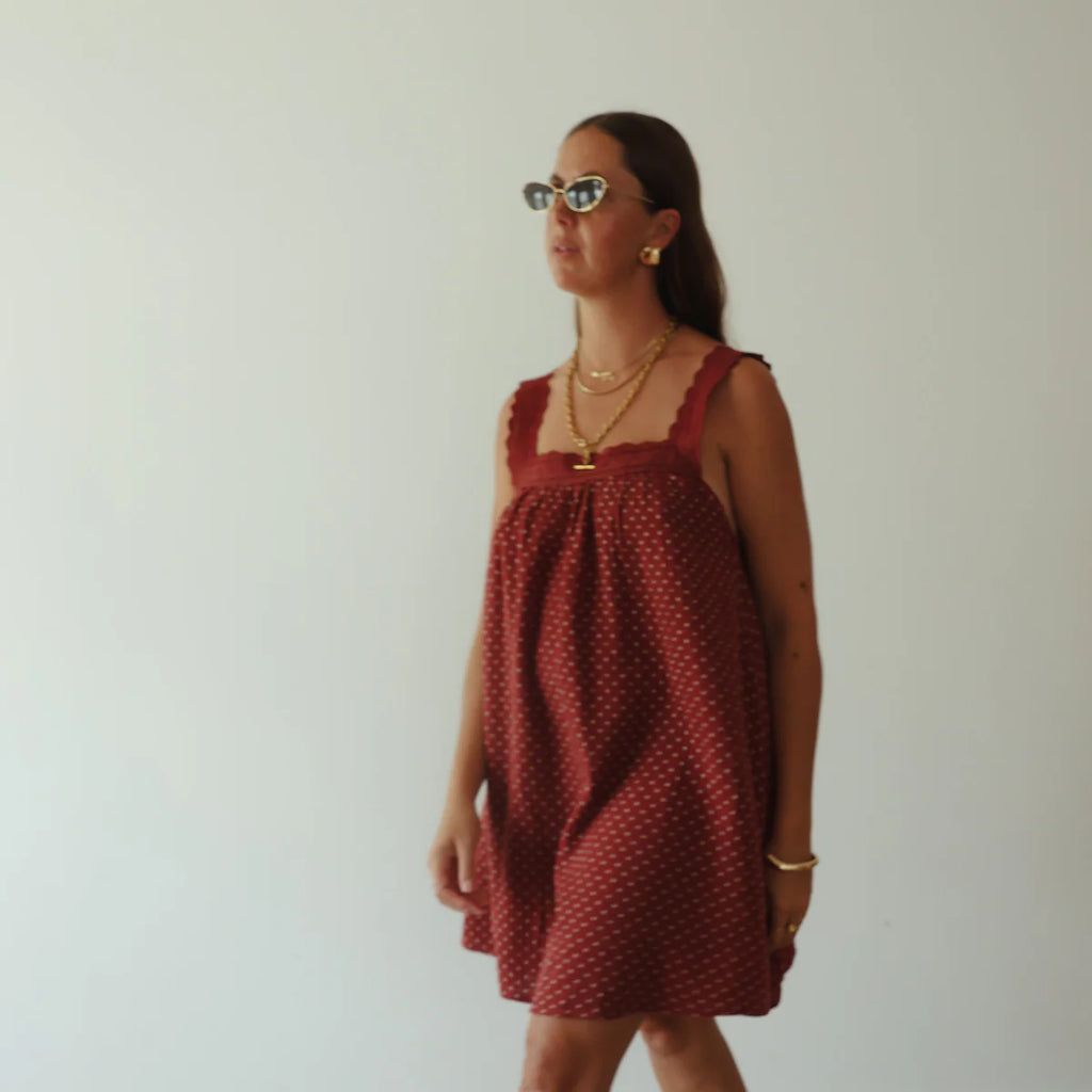 Ladies Juno Lace Neck Mini Dress - Choc | Baby Blue Polka Dot