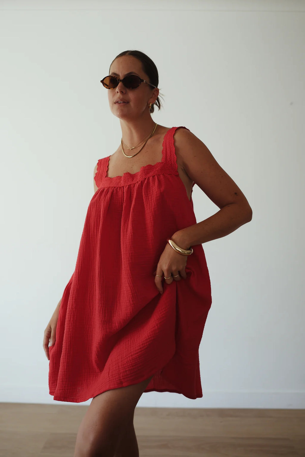 Juno Lace Neck Mini Dress - Red