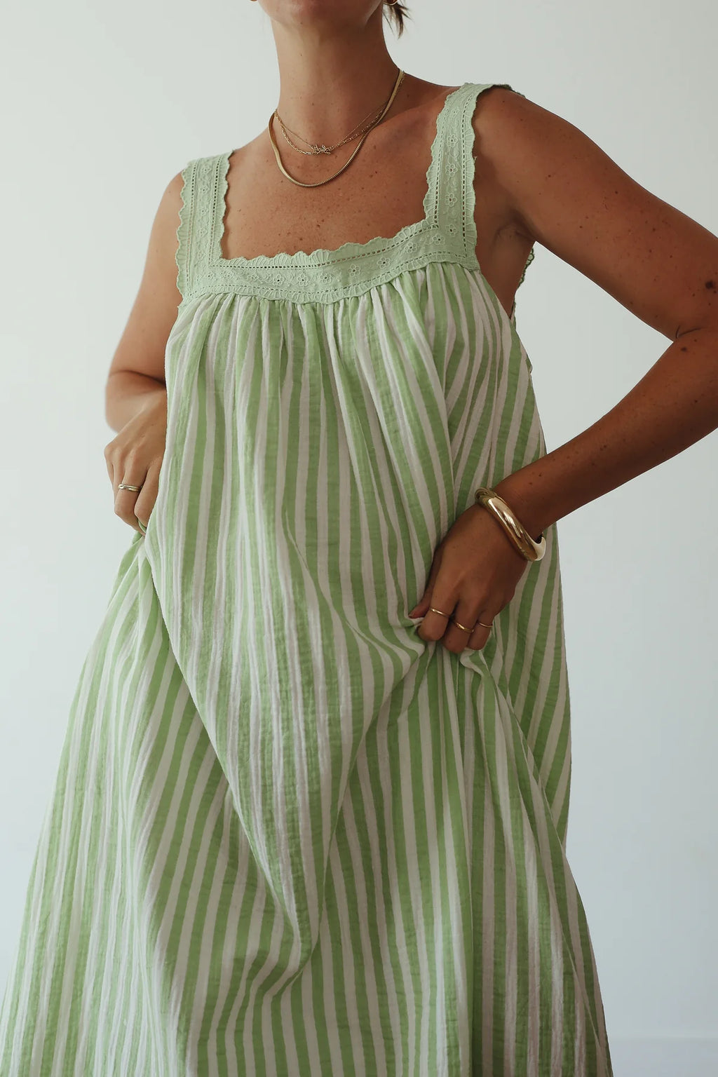 Juno Lace Neck Slip Dress - Green Stripe