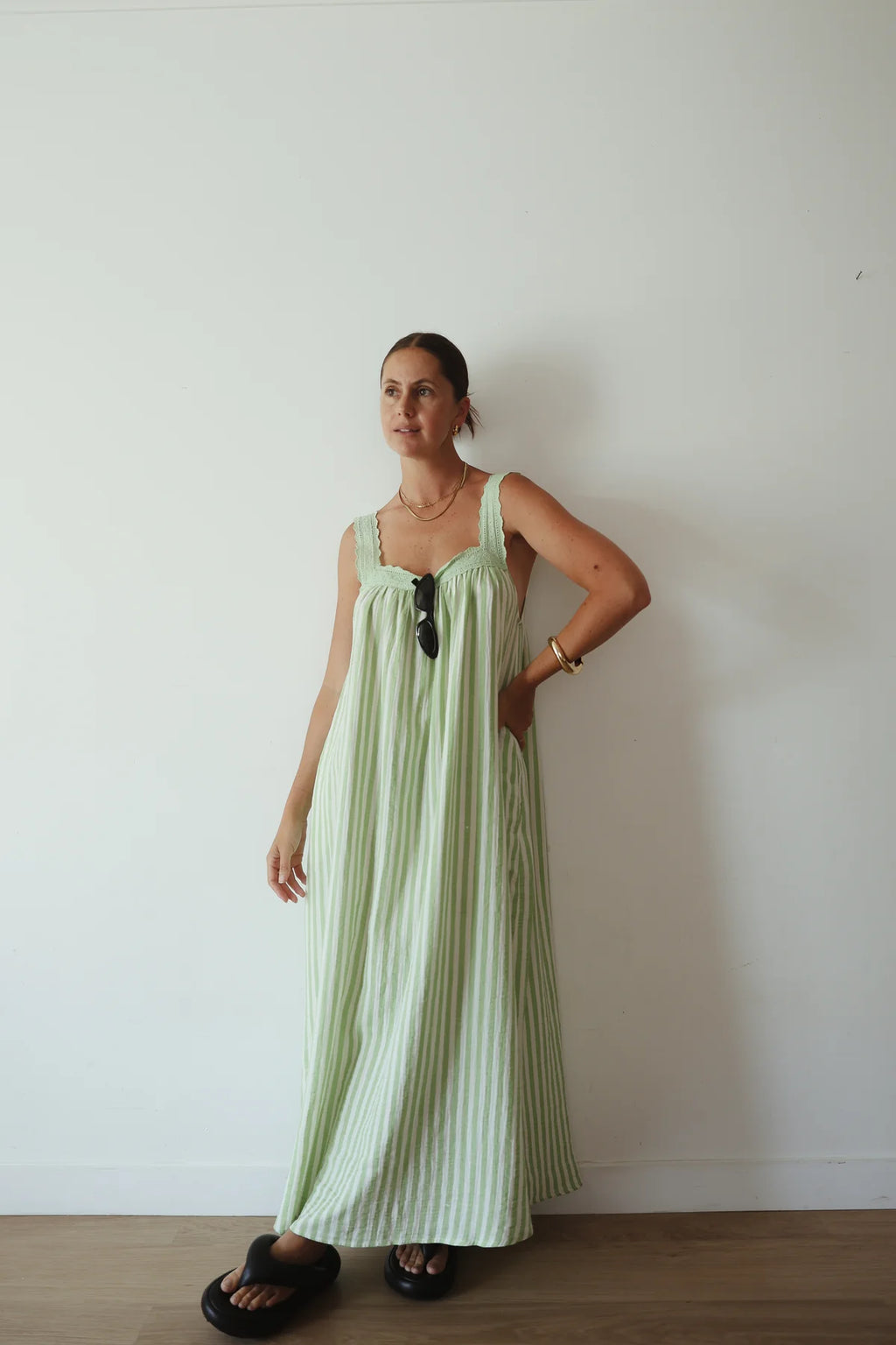 Juno Lace Neck Slip Dress - Green Stripe