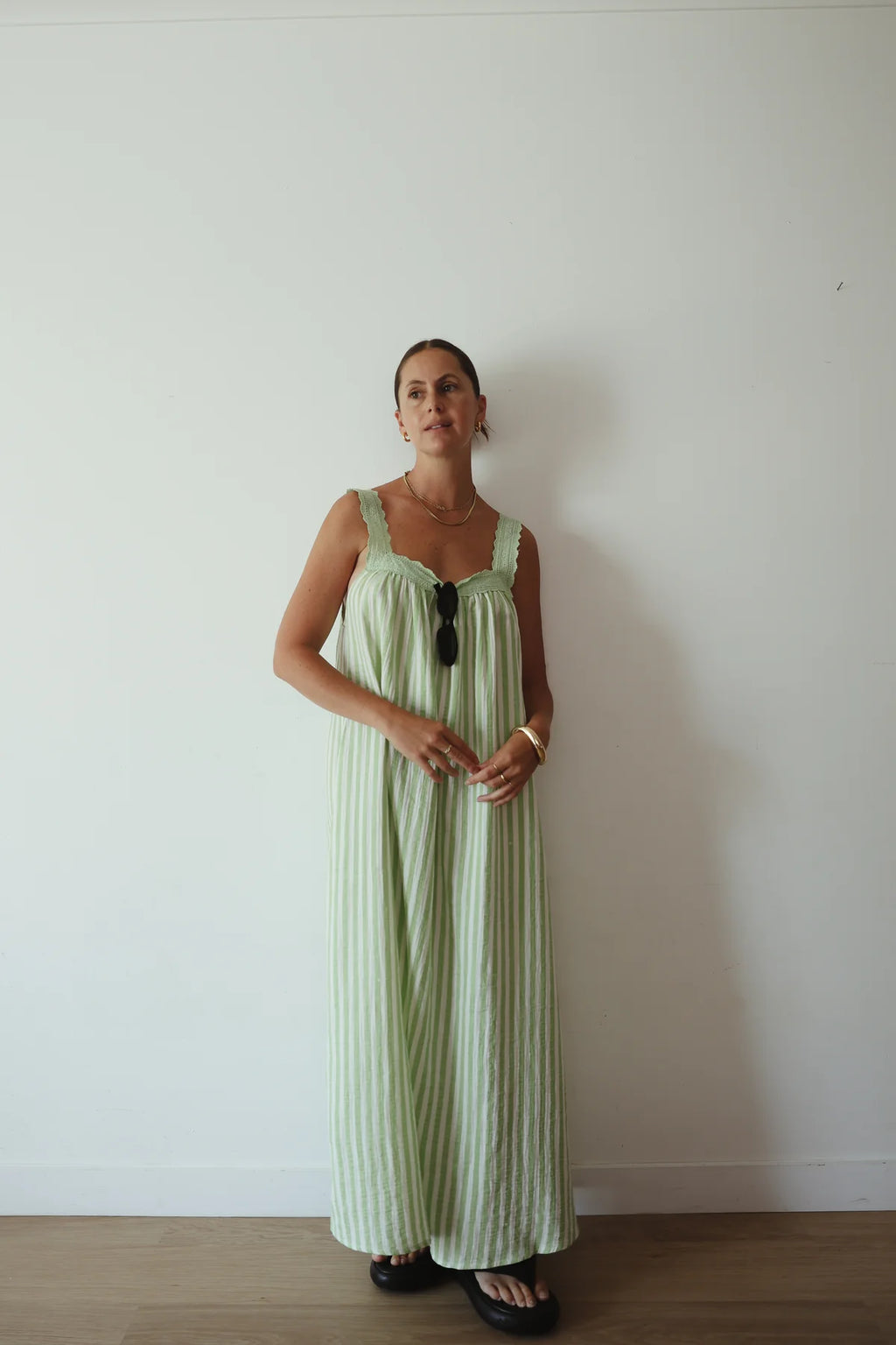 Juno Lace Neck Slip Dress - Green Stripe