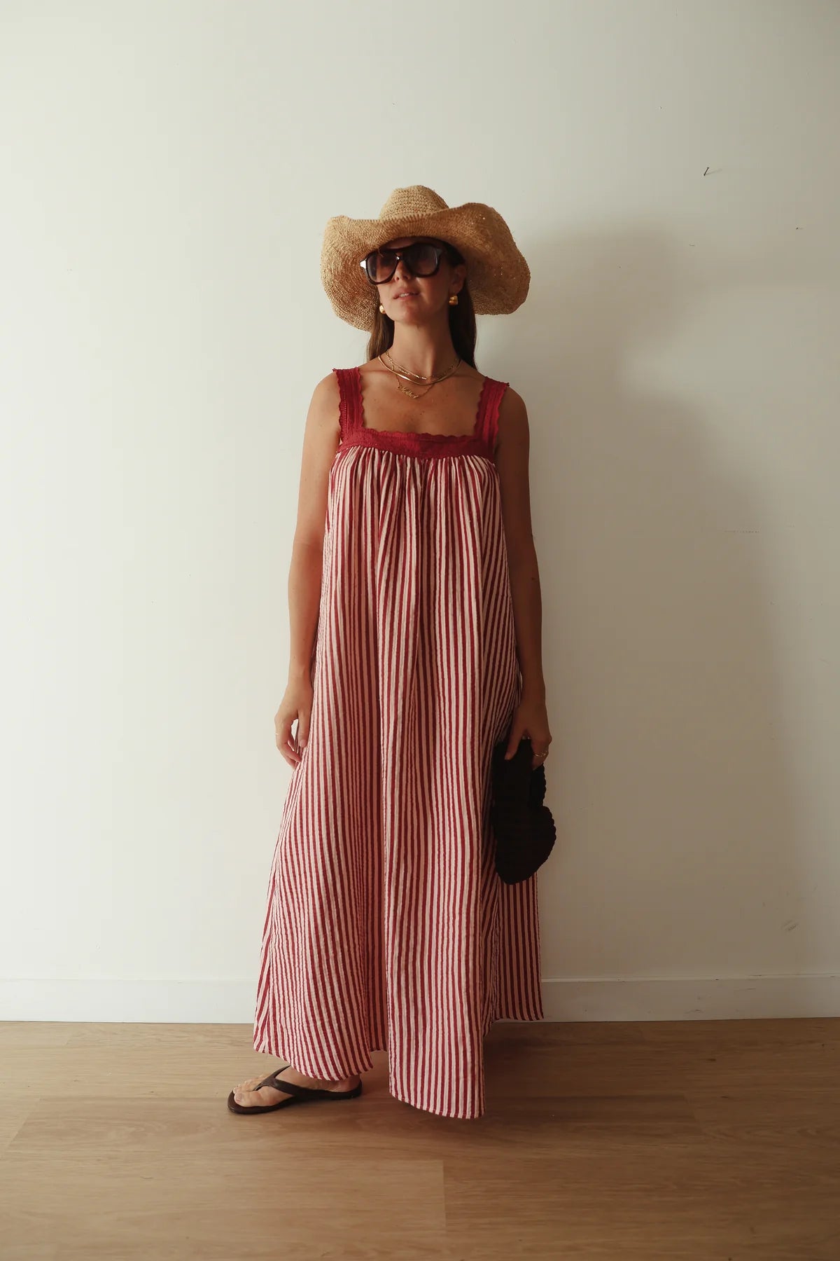 Ladies Juno Lace Neck Slip Dress - Pink & Wine Stripe