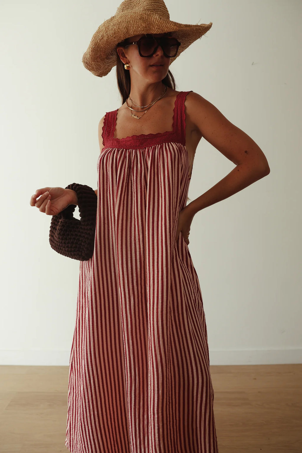 Ladies Juno Lace Neck Slip Dress - Pink & Wine Stripe