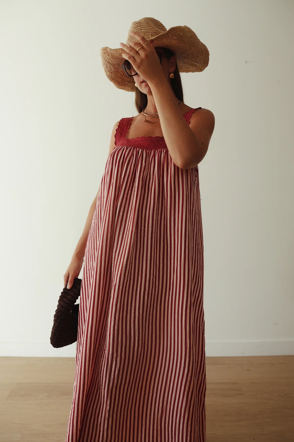 Ladies Juno Lace Neck Slip Dress - Pink & Wine Stripe