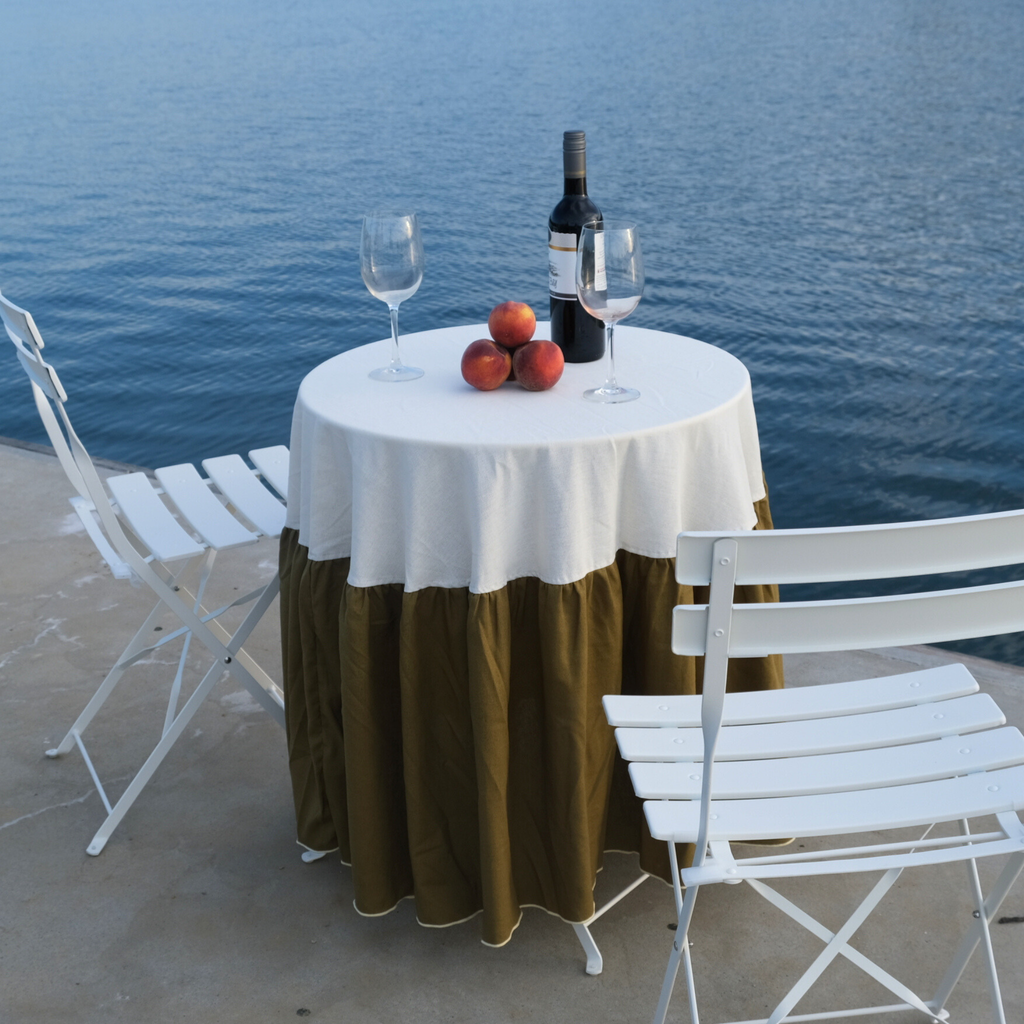 Ruffled tablecloth - ivory and olive green