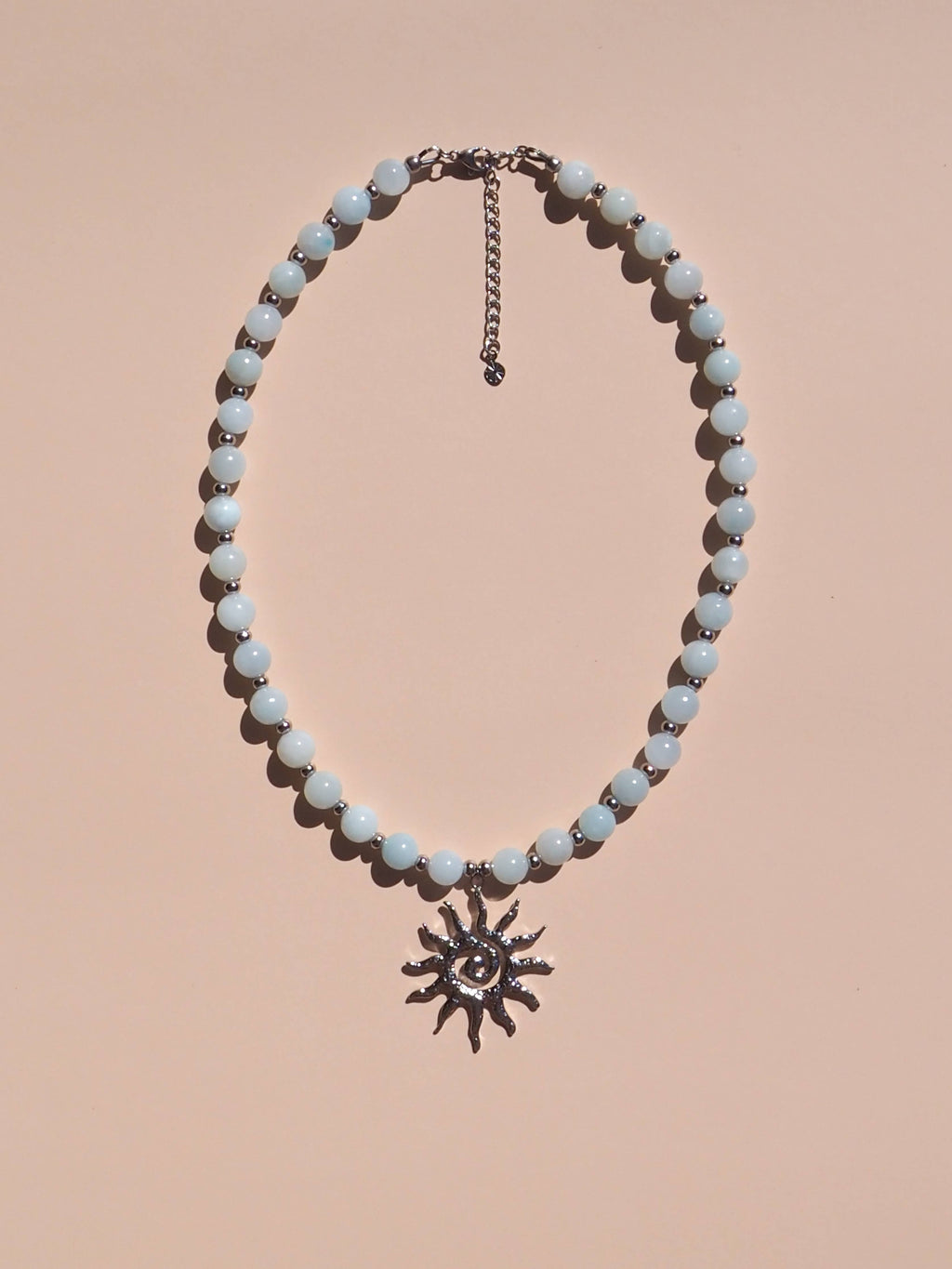 Spiral Sun Blue Beaded Gemstone Necklace : (Gold) 18K Gold over Stainless Steel / 16"