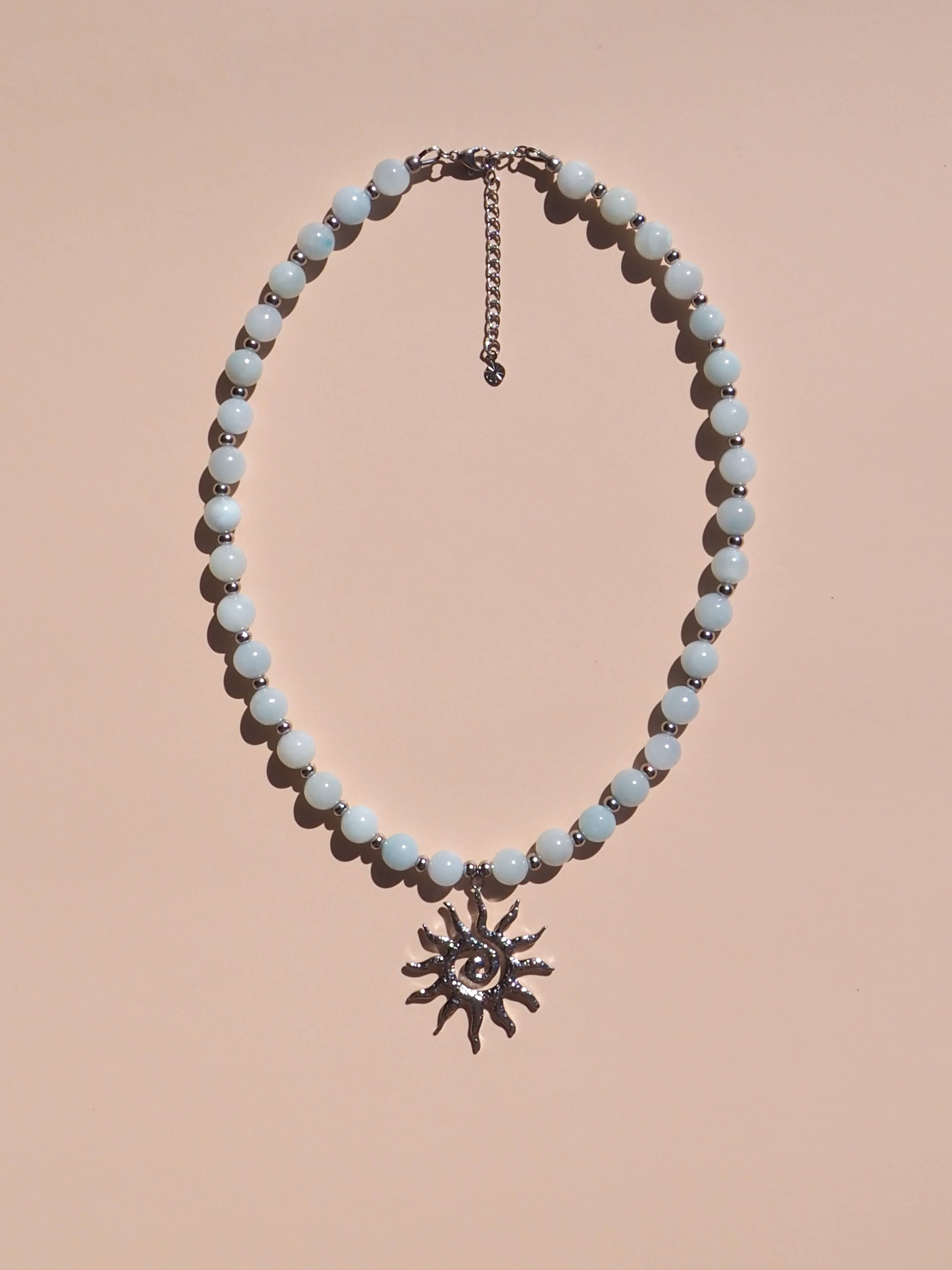 Spiral Sun Blue Beaded Gemstone Necklace : (Gold) 18K Gold over Stainless Steel / 16"
