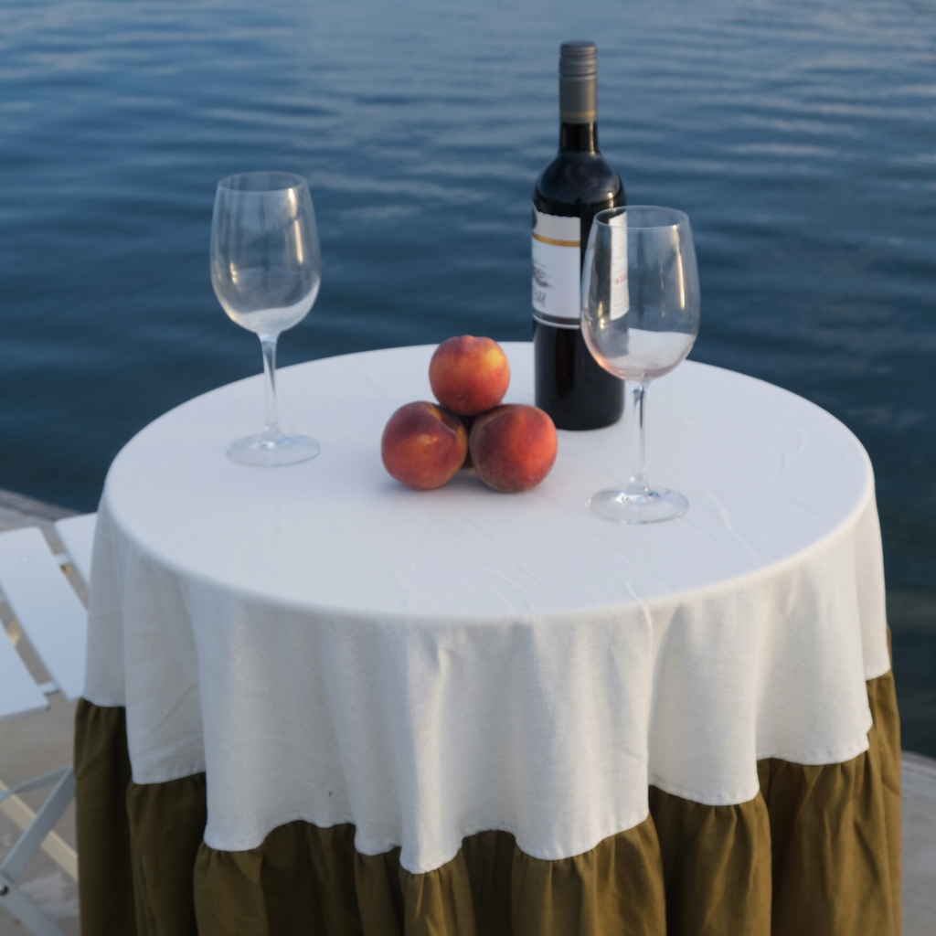 Ruffled tablecloth - ivory and olive green