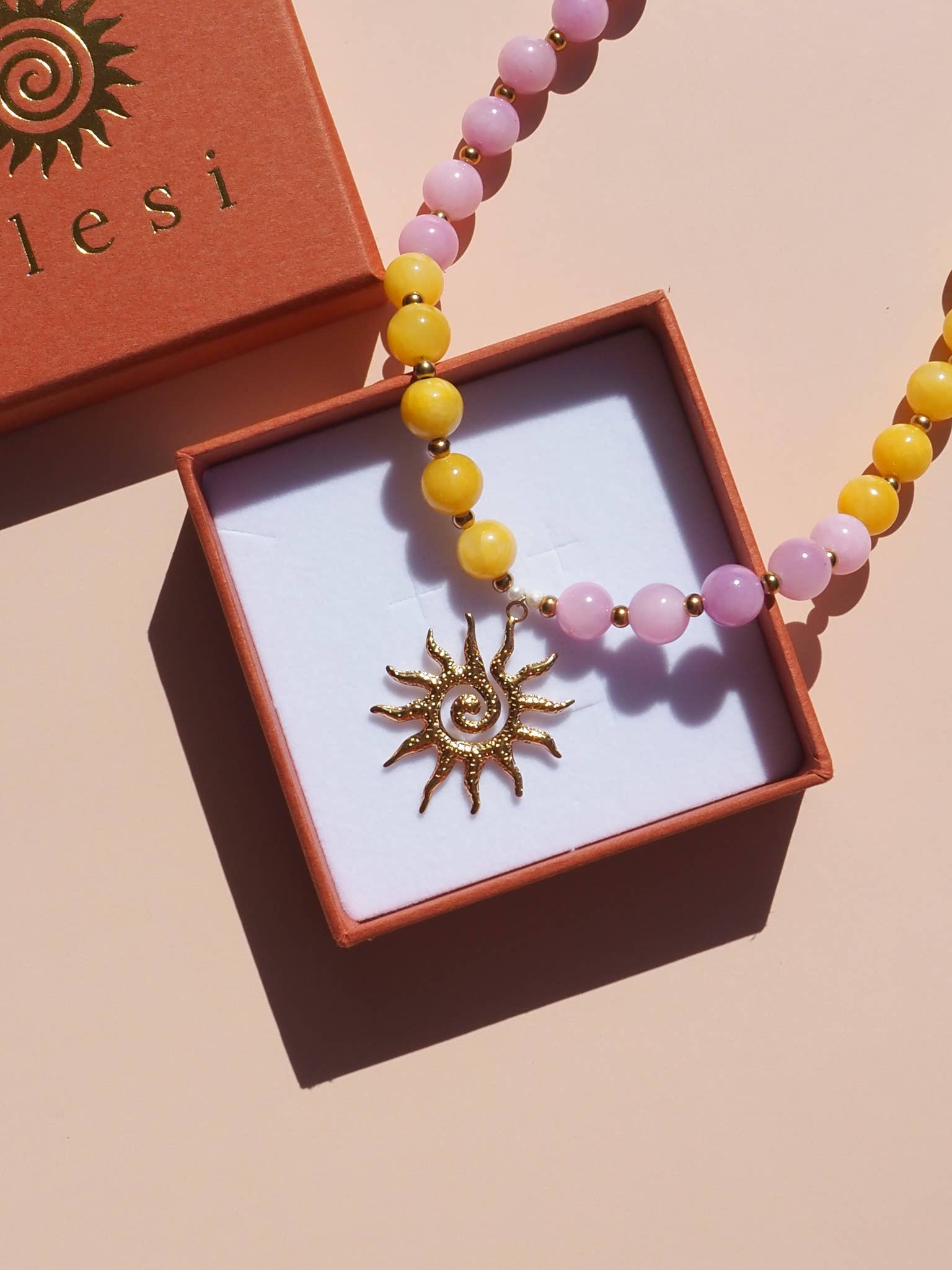 Spiral Shell Pink and Yellow Beaded Gemstone Necklace : (Gold) 18K Gold over Stainless Steel