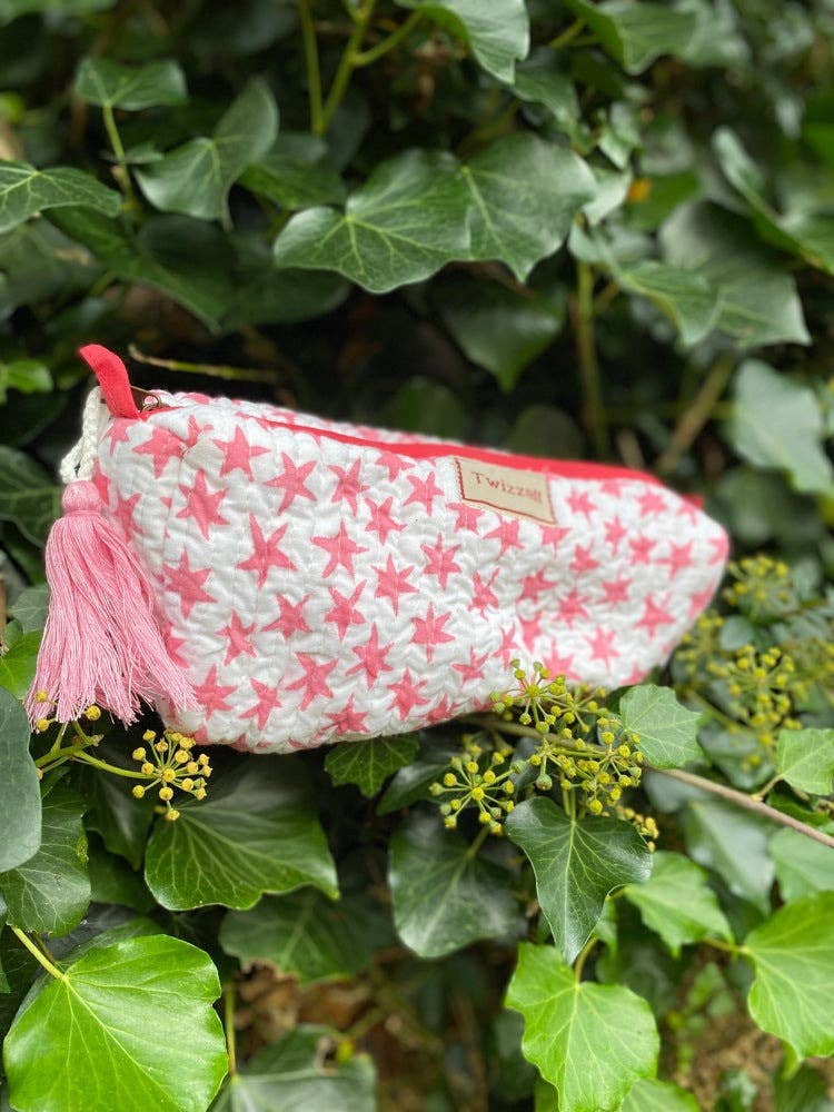 Quilted Indian Block Print Pencil Case - Pink Star
