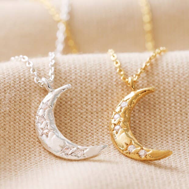 Crystal Crescent Moon Necklace in Gold