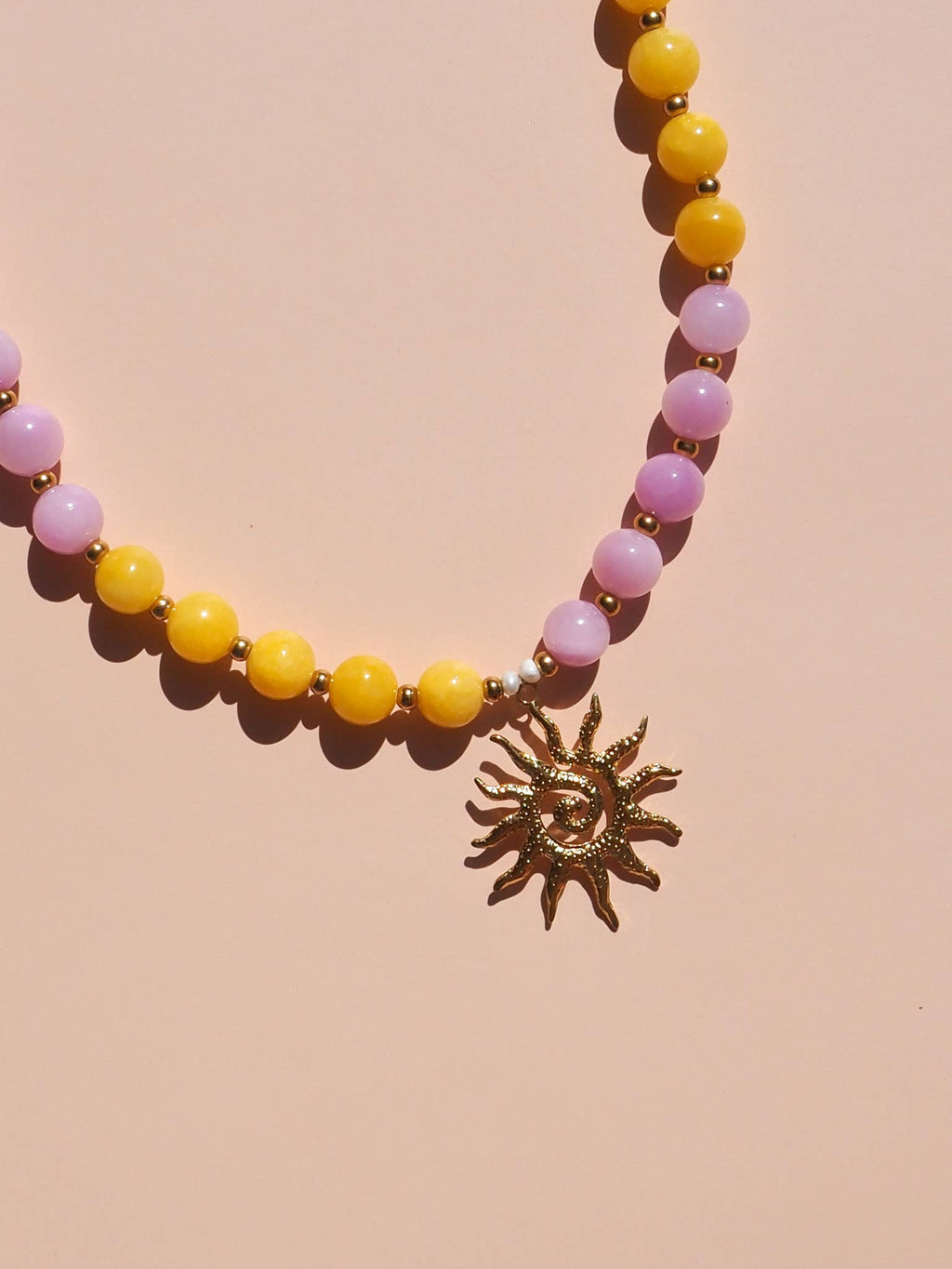 Spiral Shell Pink and Yellow Beaded Gemstone Necklace : (Gold) 18K Gold over Stainless Steel