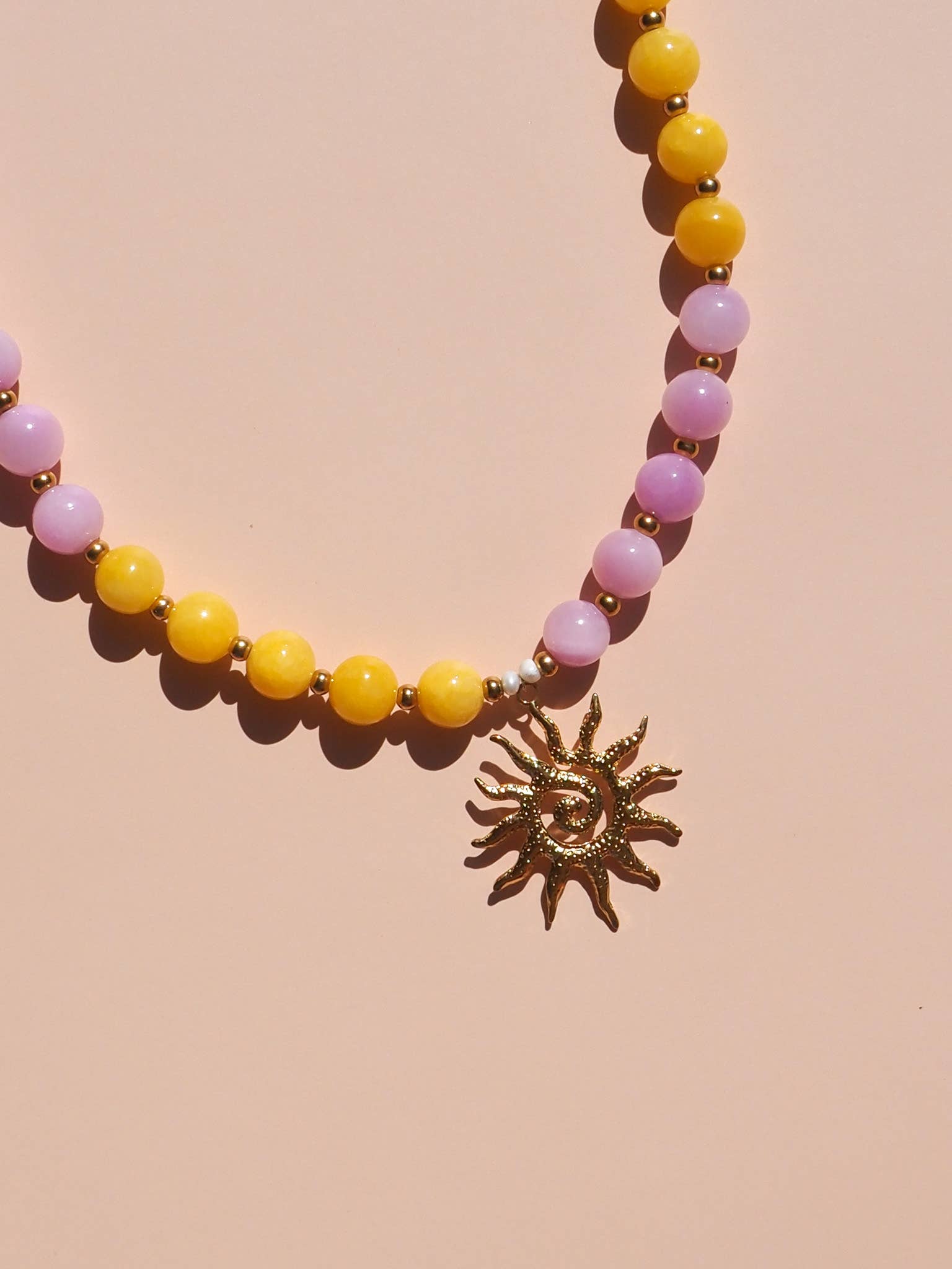 Spiral Shell Pink and Yellow Beaded Gemstone Necklace : (Gold) 18K Gold over Stainless Steel