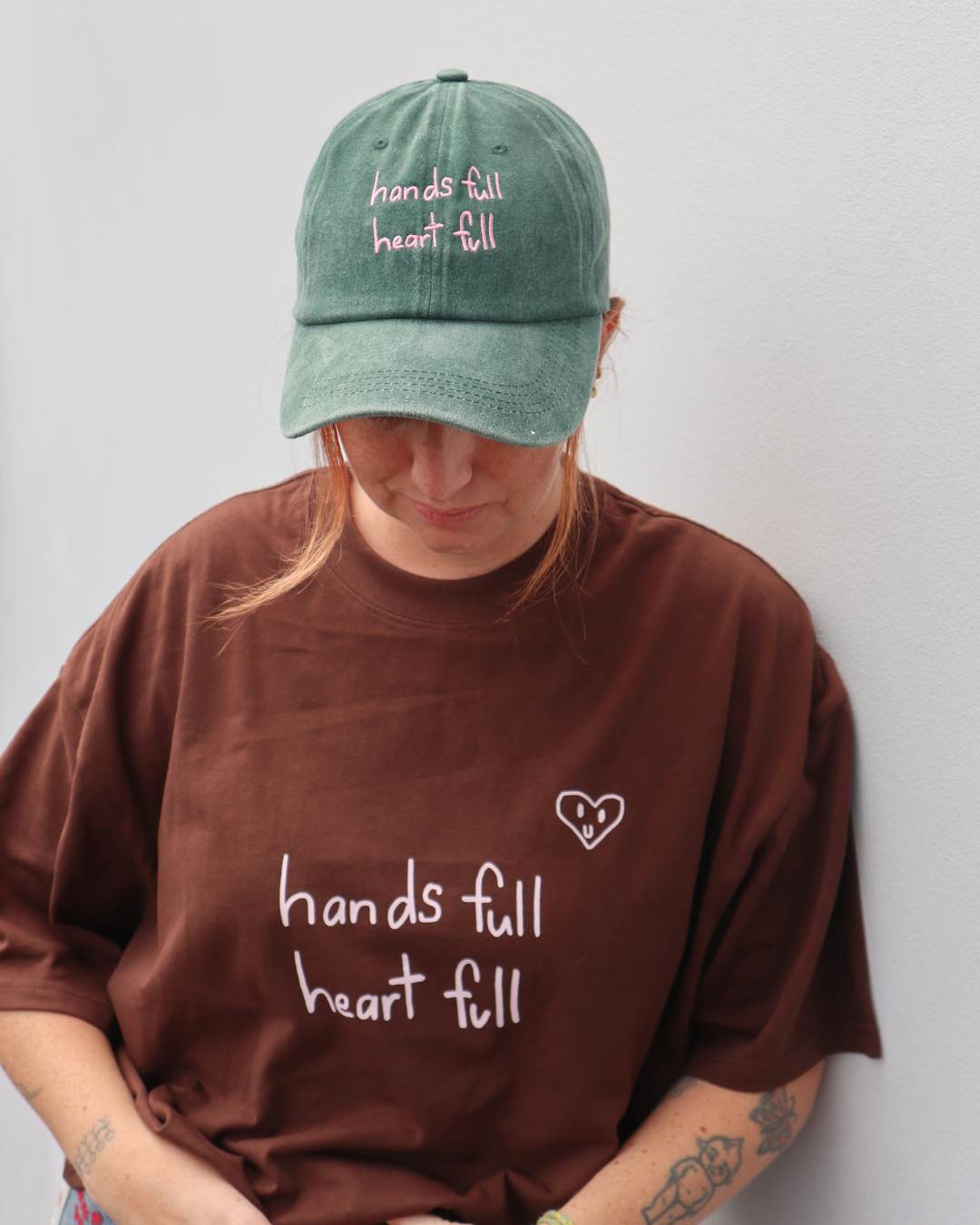 Heart Full Adults Cap: Green w/ Pink Design
