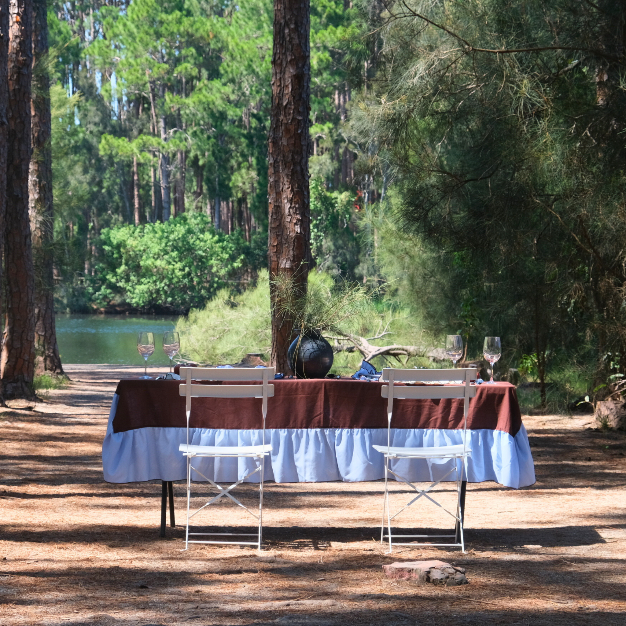 Ruffled tablecloth - wood and sky