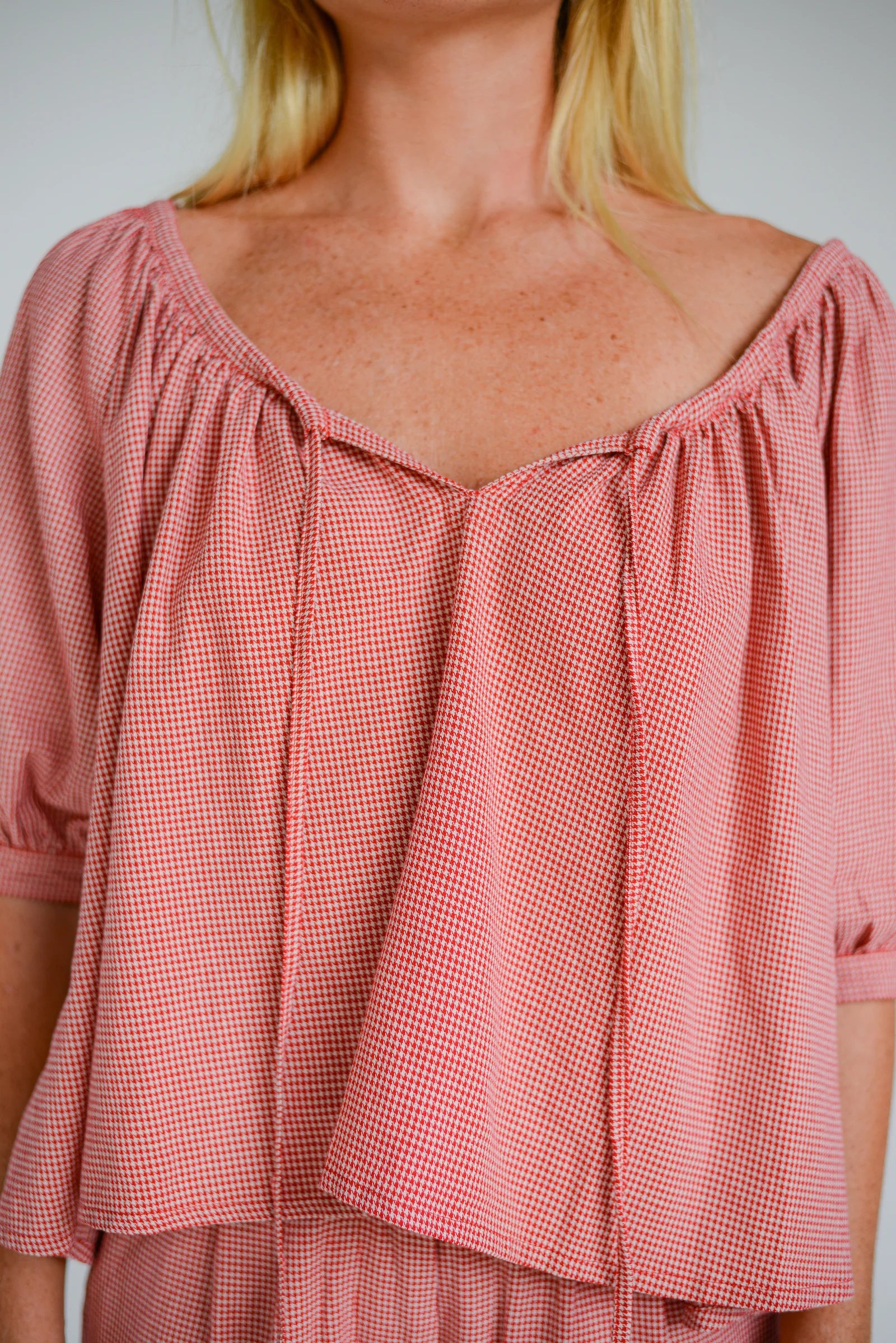 Chloe Blouse Red Houndstooth