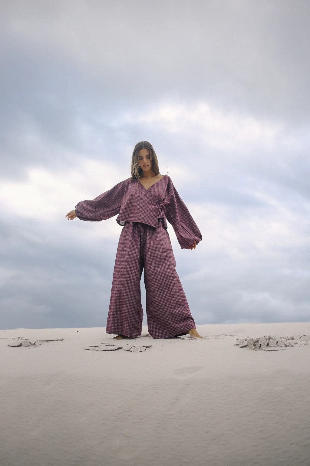 Ella Wrap Top Fig Hemp Check