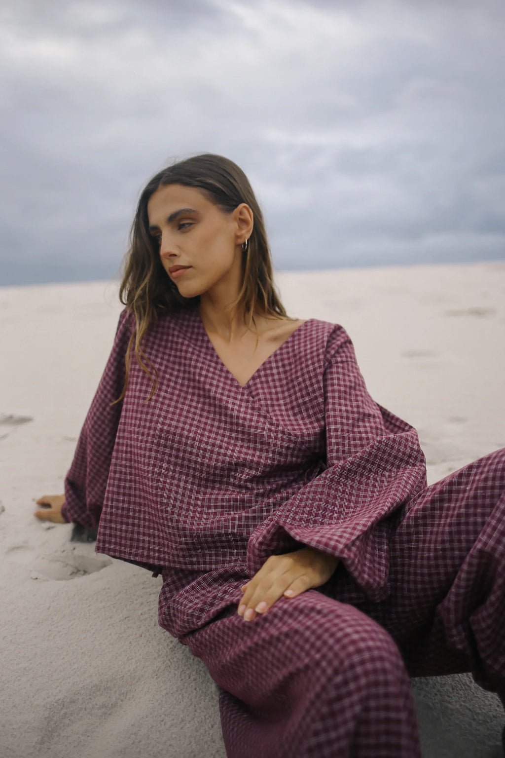 Ella Wrap Top Fig Hemp Check