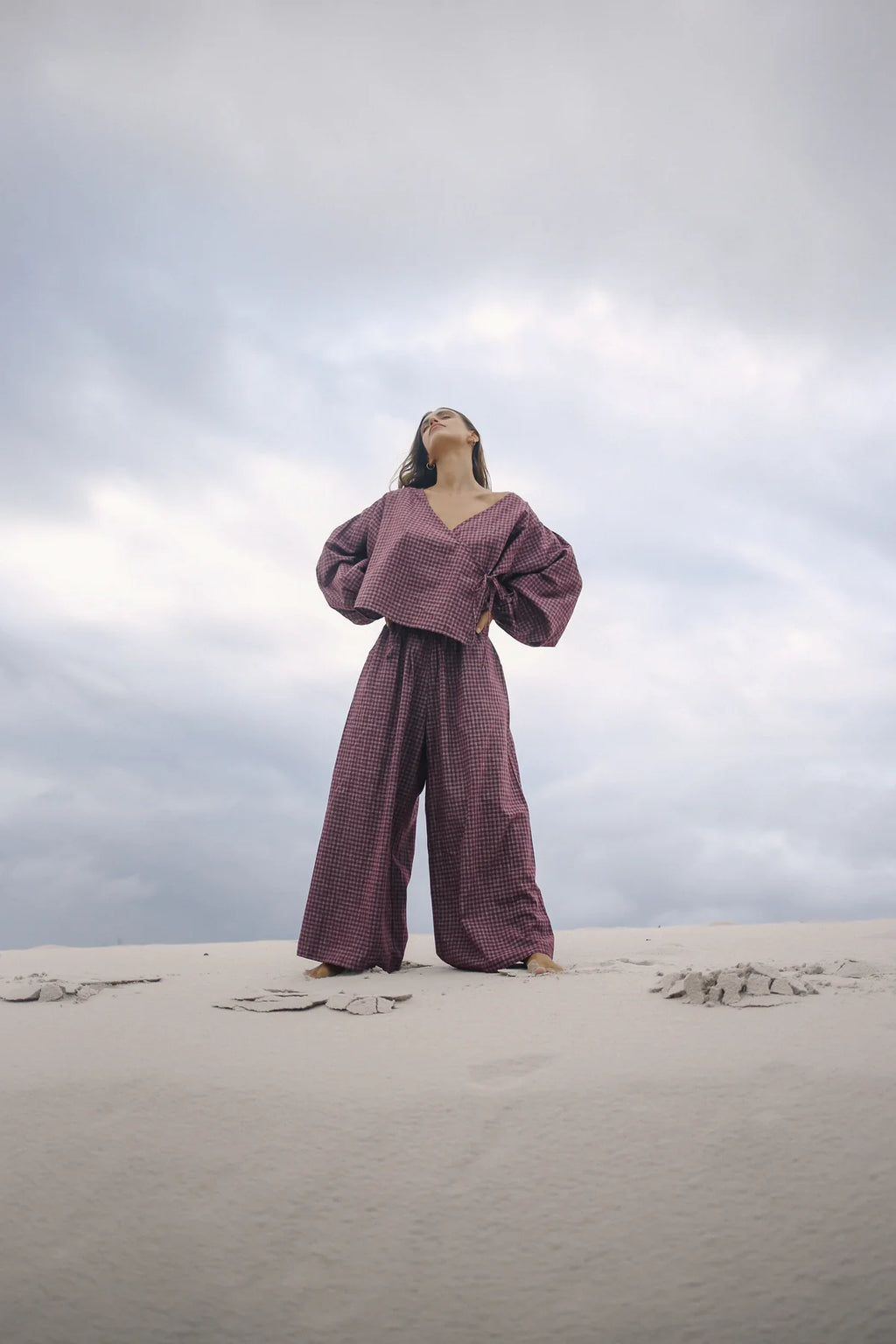 Ella Wrap Top Fig Hemp Check