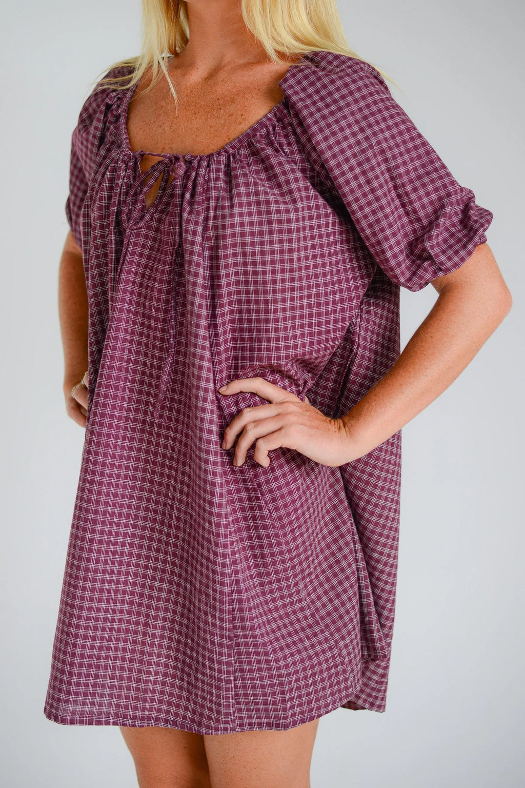 Chloe Dress Fig Hemp Check