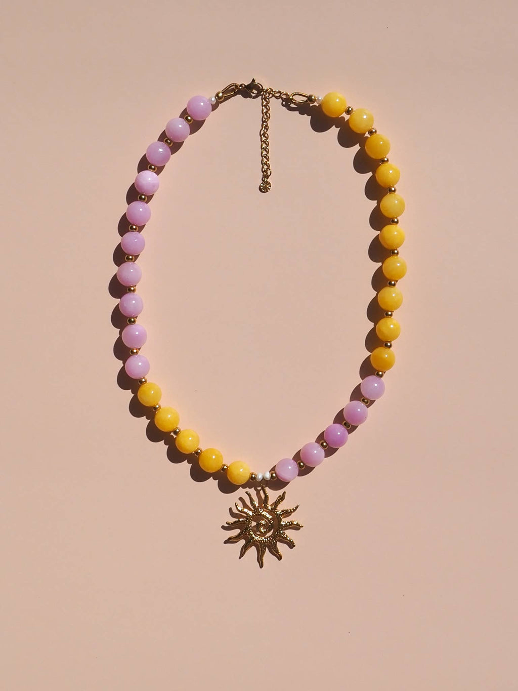 Spiral Shell Pink and Yellow Beaded Gemstone Necklace : (Gold) 18K Gold over Stainless Steel
