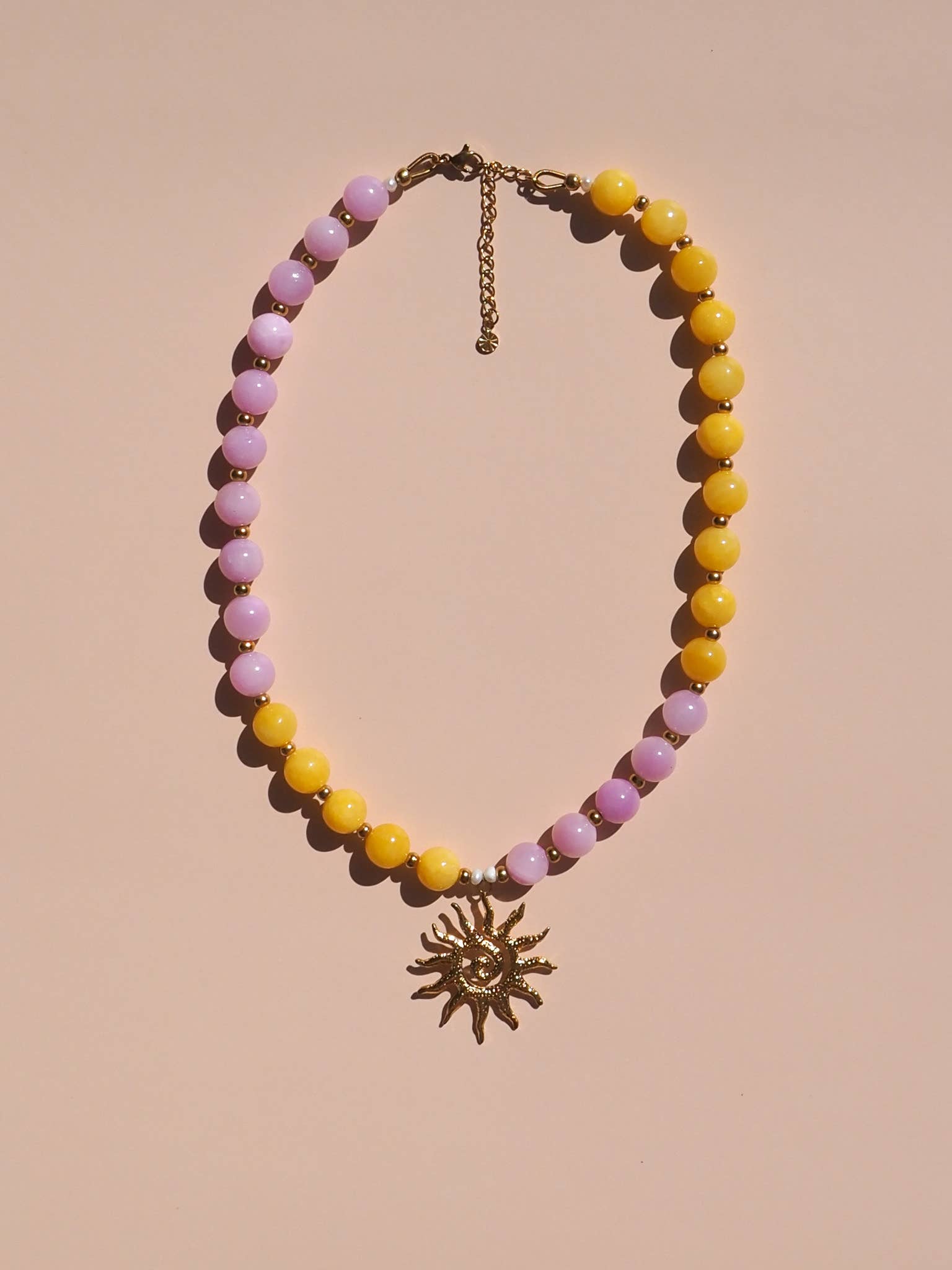 Spiral Shell Pink and Yellow Beaded Gemstone Necklace : (Gold) 18K Gold over Stainless Steel