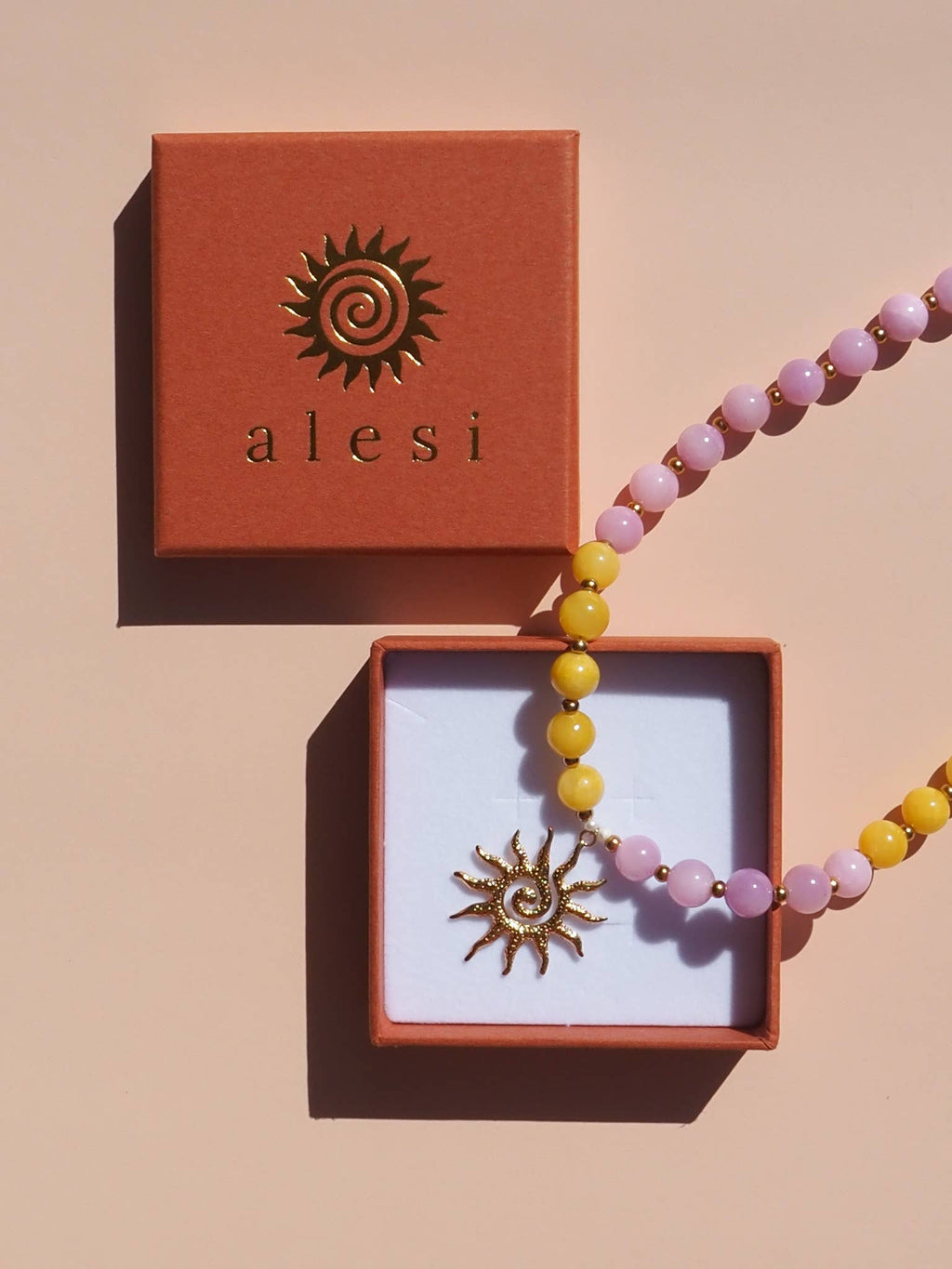 Spiral Shell Pink and Yellow Beaded Gemstone Necklace : (Gold) 18K Gold over Stainless Steel