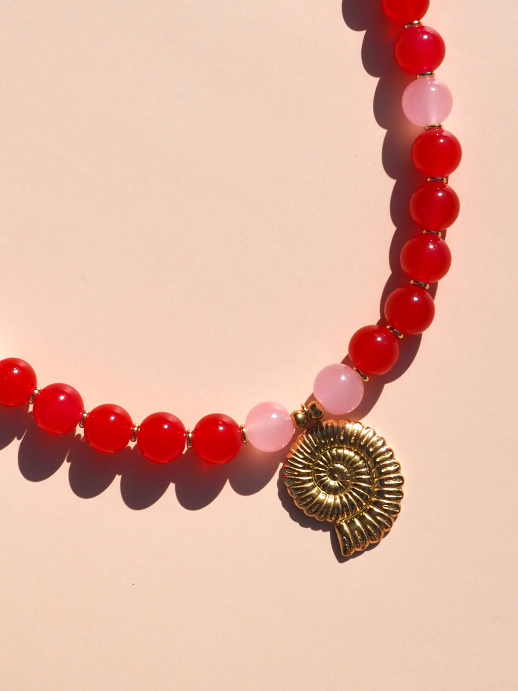 Spiral Shell Red & Pink Beaded Necklace : Yellow Gold / 16"