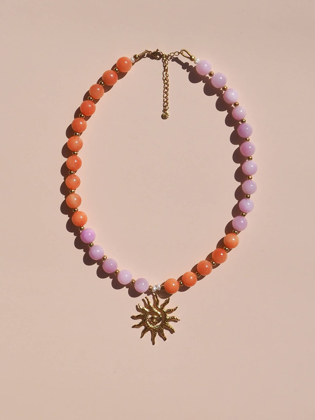 Spiral Sun Pink & Orange Beaded Gemstone Necklace : (Gold) 18K Gold over Stainless Steel