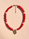 Spiral Shell Red & Pink Beaded Necklace : Silver / 16"