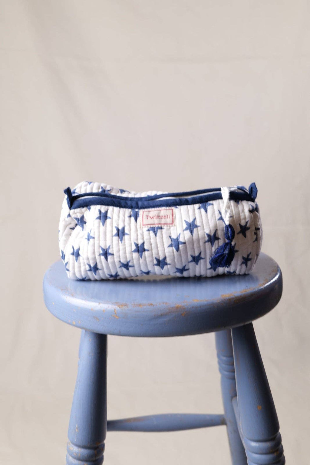 Quilted Indian Block Print Pencil Case - Blue Star