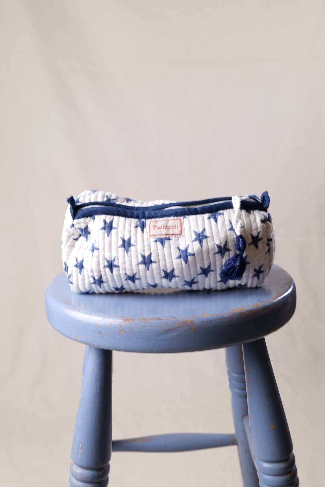 Quilted Indian Block Print Pencil Case - Blue Star