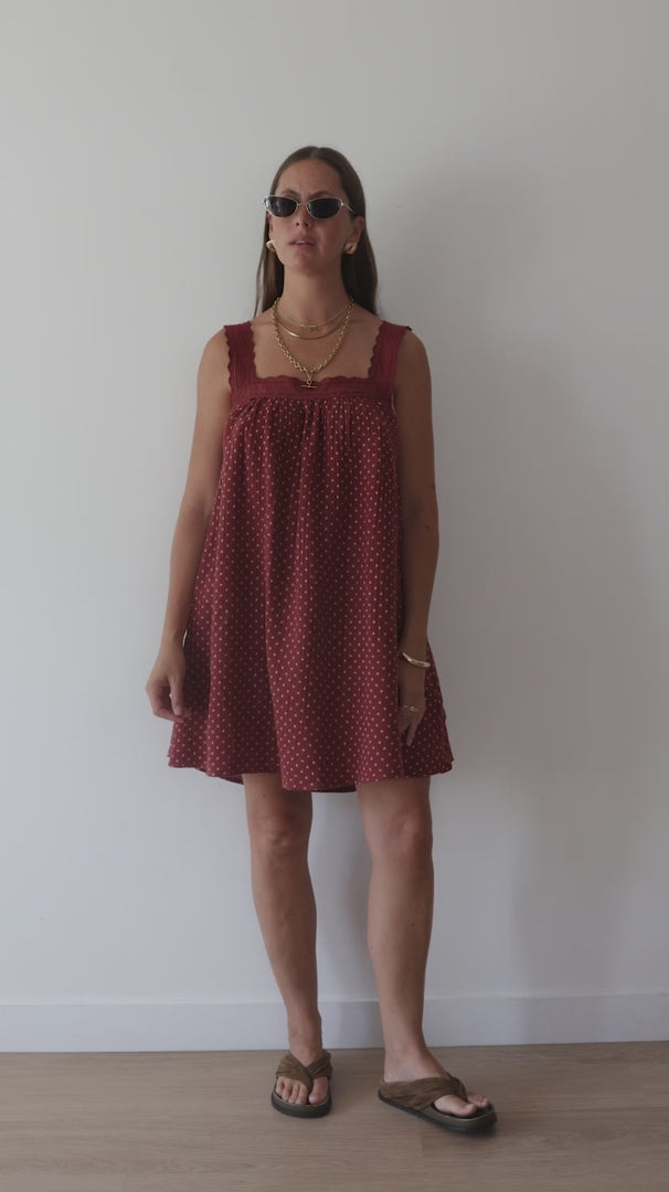 Ladies Juno Lace Neck Mini Dress - Choc | Baby Blue Polka Dot